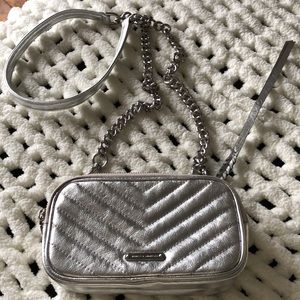 Authentic Rebecca Minkoff crossbody. Silver. Leather. 8x5. 3 zip pockets. EUC
